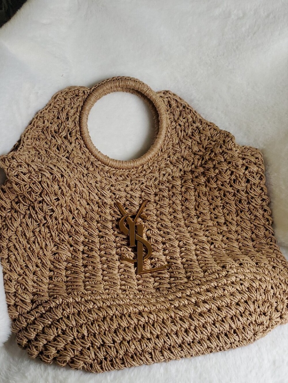 Saint Laurent Tan Woven Circle-Handle Tote with Gold YSL Logo